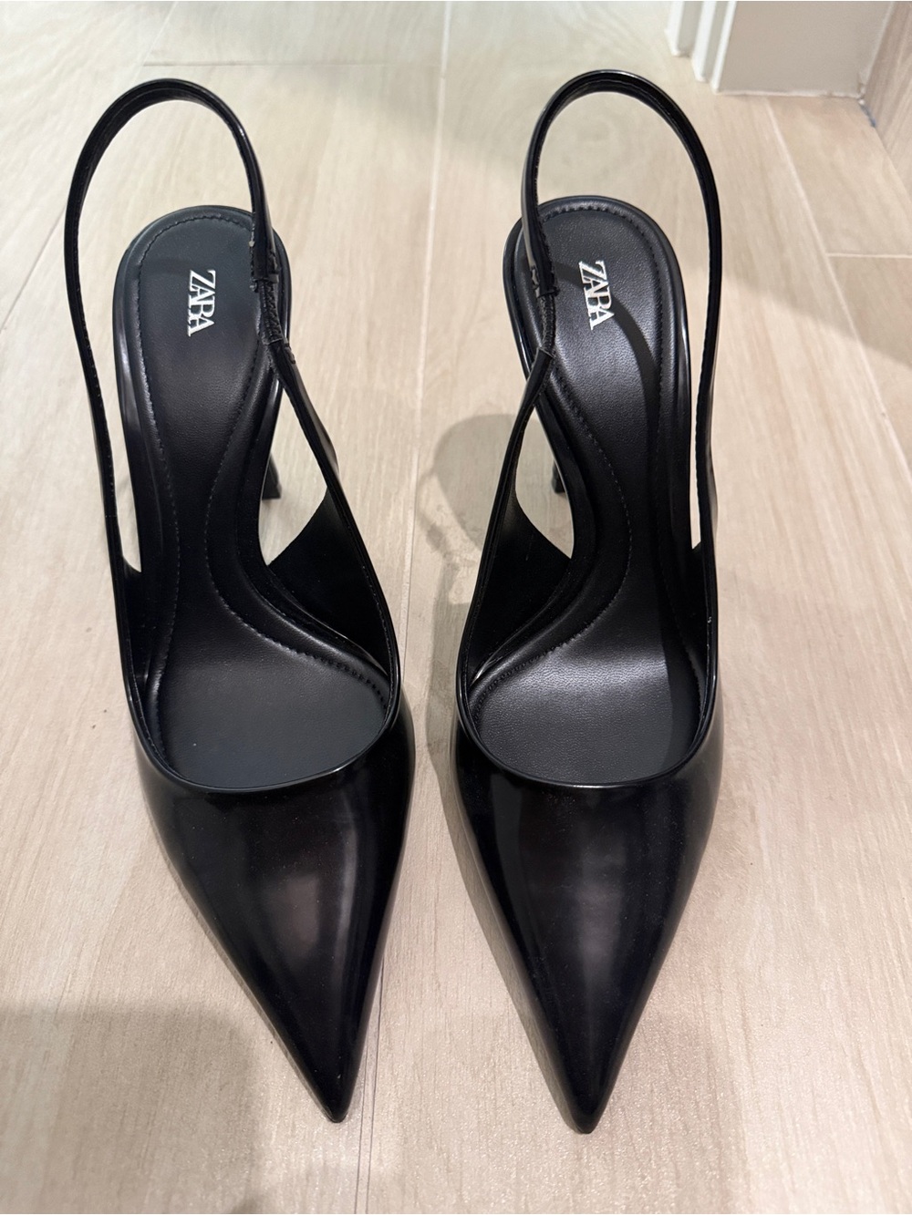 Zara Glossy Black Pointed Slingback Heels